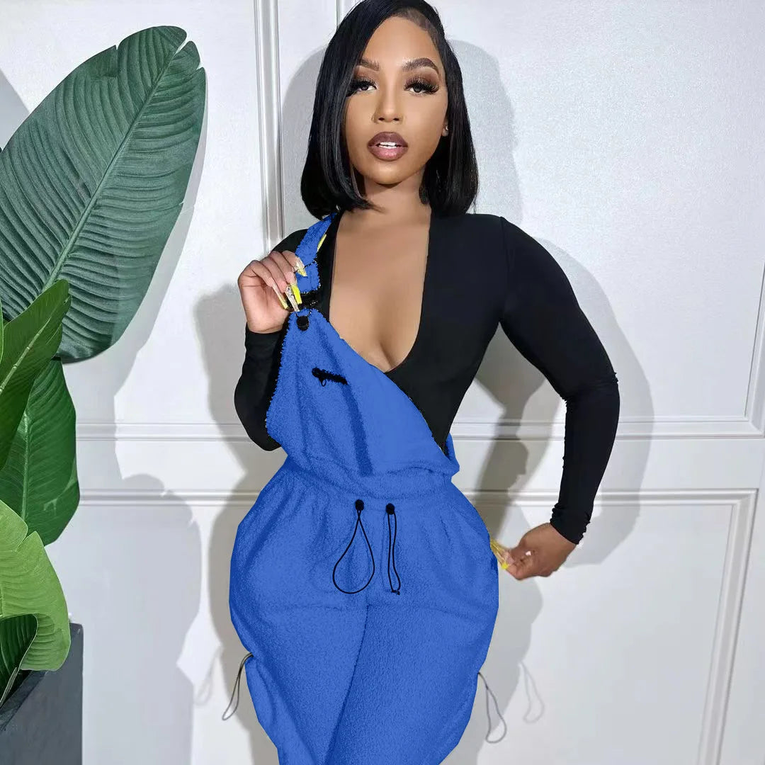 Lace Up Jumpsuit Women One Piece Jumpsuits Fur Rompers High Waist Spring Autumn Pants Mom Overalls Playsuits Elegant Pink
