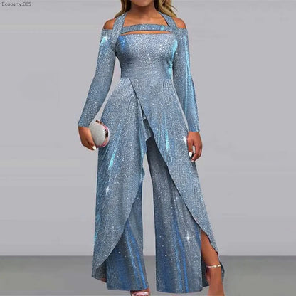 Women Jumpsuit Sexy Off Shoulder Long Sleeve Casual Rompers Irregular Wide Leg Pant Overalls Female Elegant Party Jumpsuits 2025