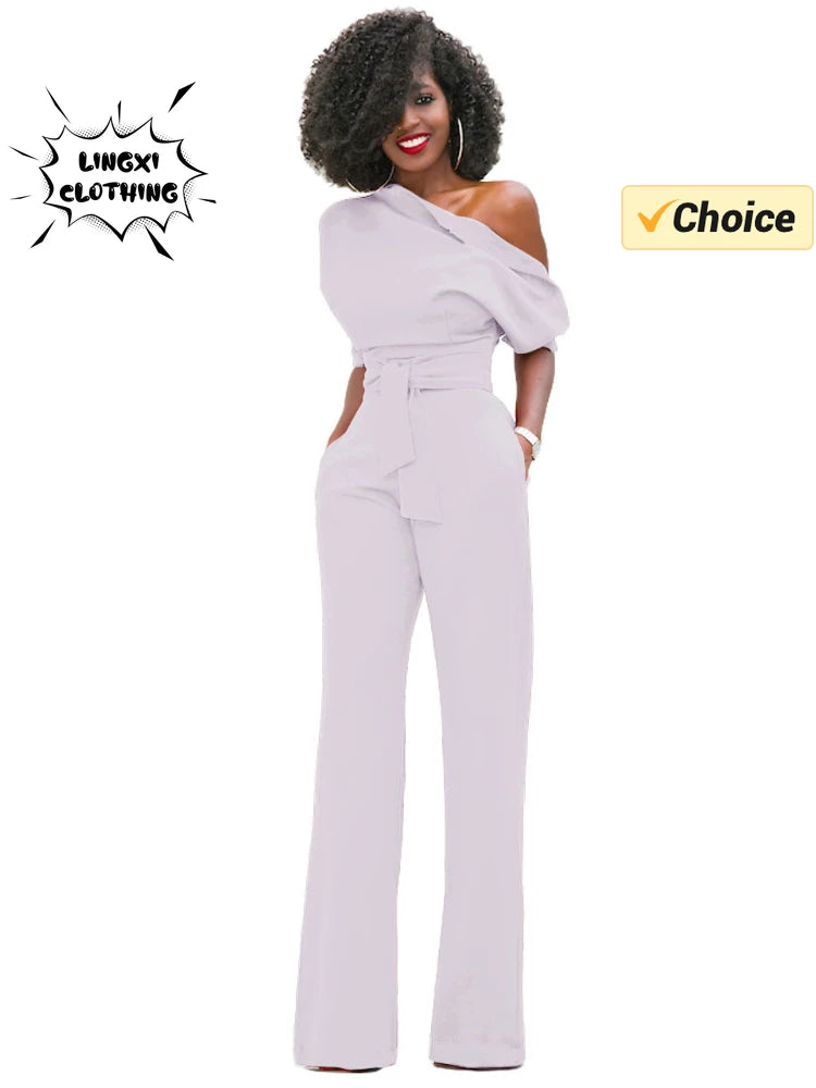 2024 Summer New Fashion Women's Jumpsuit Solid Color Slanted Shoulder Elegant Temperament Sleeveless Long Wide Leg Jumpsuit
