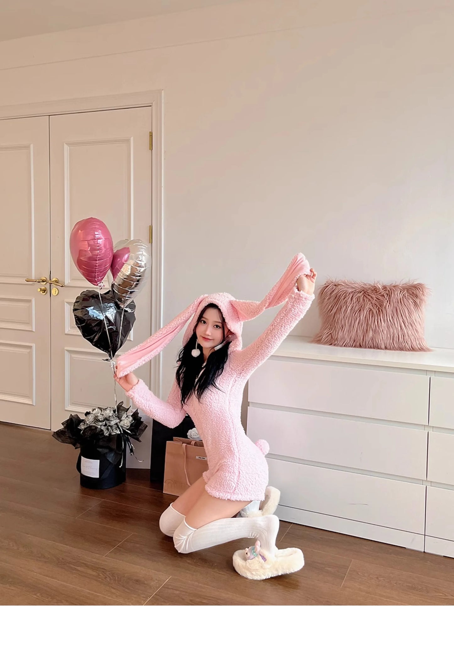 Pink Rabbit Hooded Fluffy Jumpsuits Sweet Zipper Long Sleeve Solid Color Rompers Flannel Onesie Shorts Pajamas Loungewear
