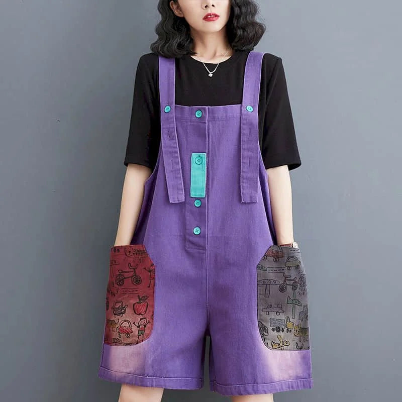 Denim Jumpsuits 2026 Summer Fabric Patch Pants Korean Style Wide Leg Shorts Loose Playsuits One Piece Outfits Women Clothing