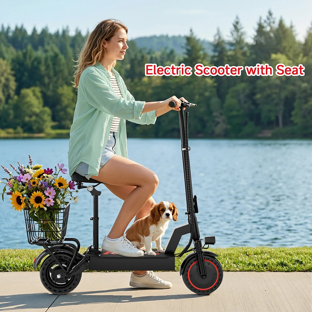10inch Solid Tire Electric Scooter with Basket 7.8AH Battery 22Miles Max Range 22MPH Max Speed Dua Shock Absorption Foldable Adult E-scooter