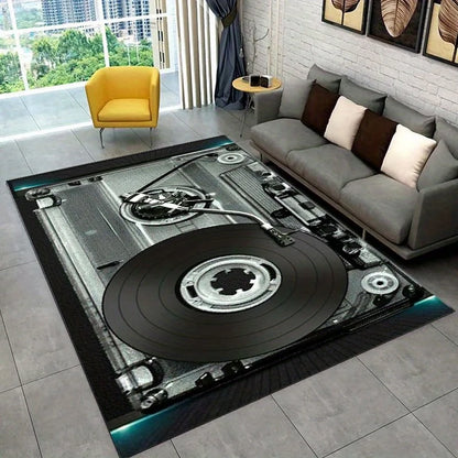 Vinyl Record Player Rug - Music Lover's Dream Carpet for Living Room, Classic Audio Equipment Design Skid resistant carpet