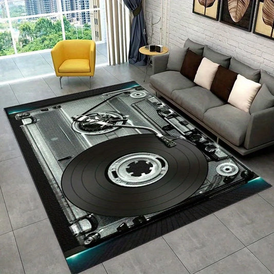 Vinyl Record Player Rug - Music Lover's Dream Carpet for Living Room, Classic Audio Equipment Design Skid resistant carpet