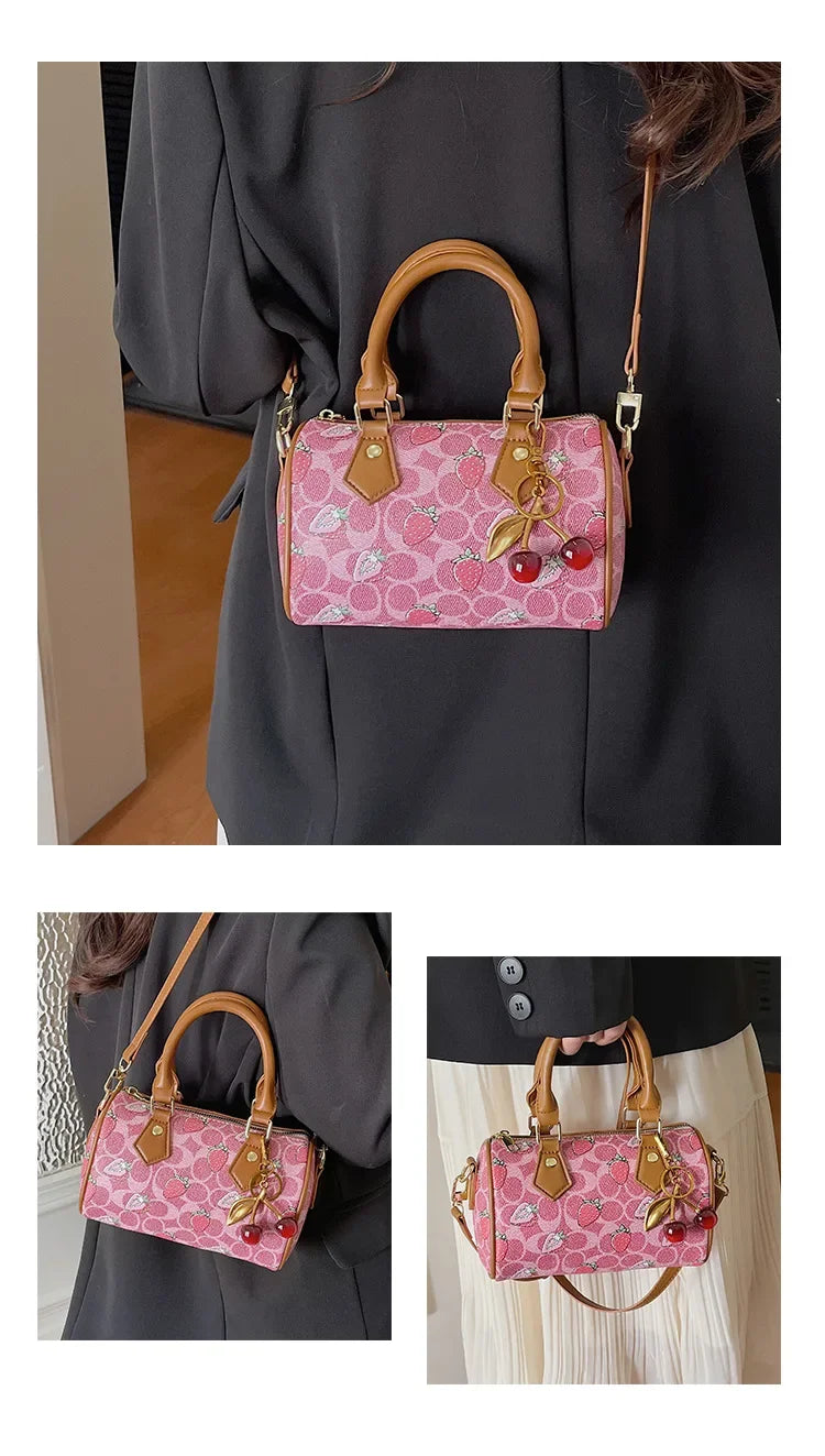 2026 Luxury Designers Crossbody Bags Cherry Pattern PU Leather Boston Handbag Shoulder Bags Bolsos Mujer Bags Woman Tote Bag