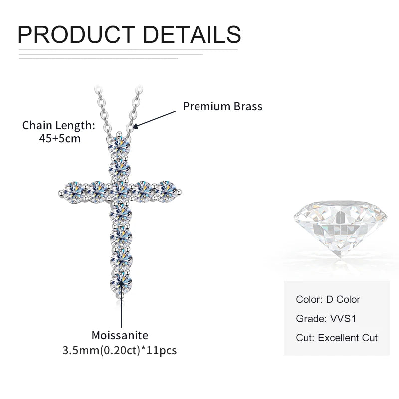 Rrjzz D-Color Moissanite Cross Pendant Necklace for Women VVS1 GRA Lab Imitation Diamond Dainty Necklace Faith Jewelry Gifts