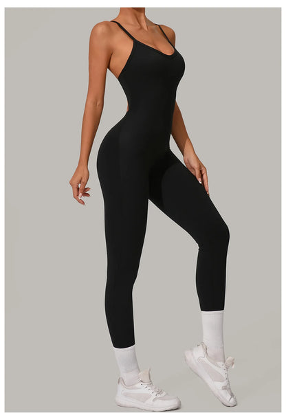 New Nylon Pad V-Neck Wrap Yoga Bodysuit - Adjustable Hook Tummy Control Butt Lift Workout Jumpsuit