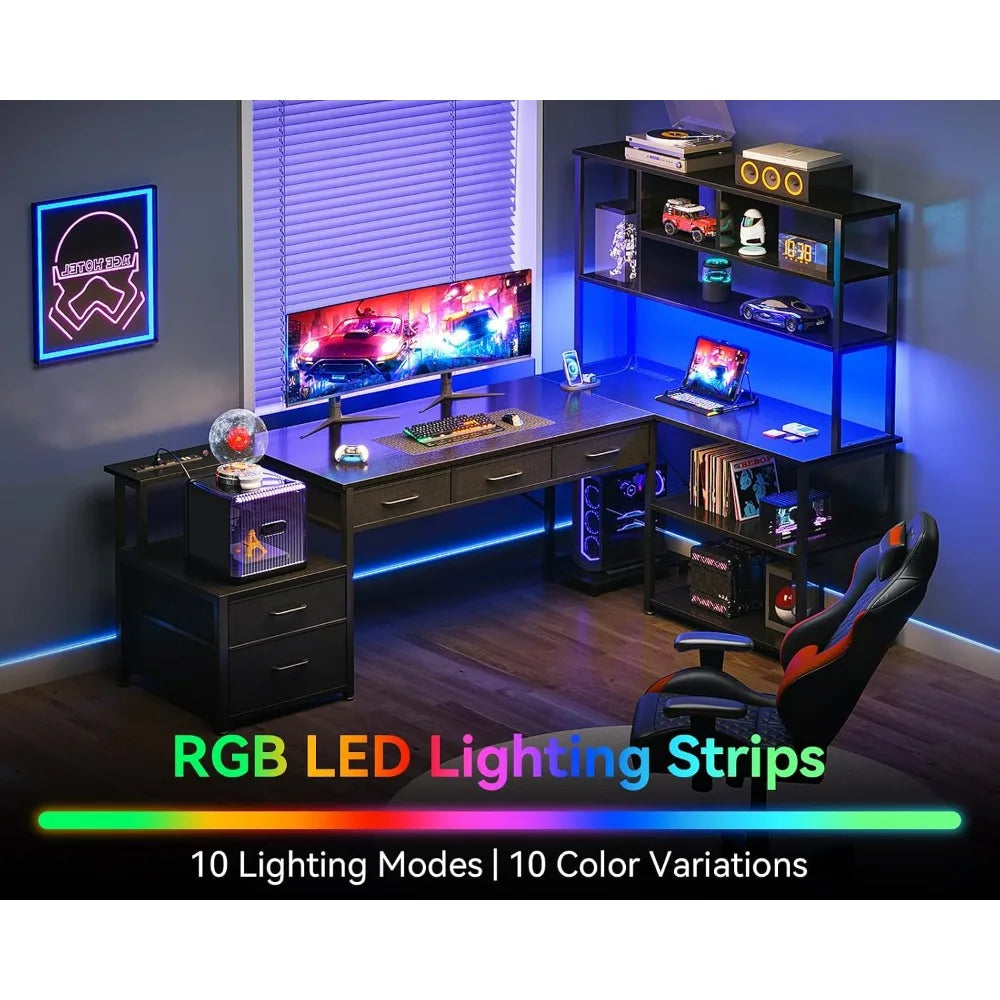 79 Inch L Shaped Desk with 5 Drawers, LED Light and 2 Outlets for Home Office