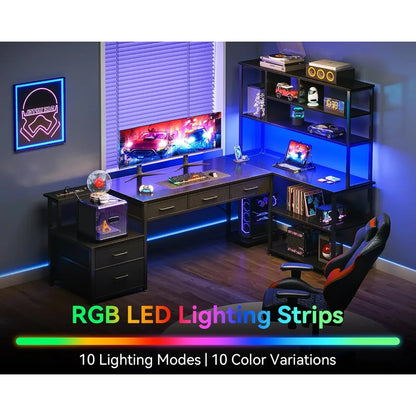 79 Inch L Shaped Desk with 5 Drawers, LED Light and 2 Outlets for Home Office