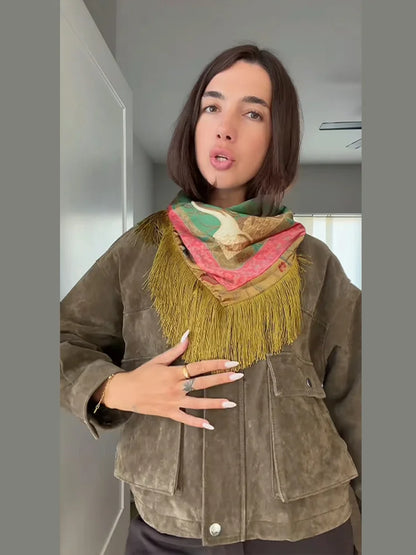 Vintage Tassel Printed Satin Square Scarf Women Fashion Fringe Trim Shawl Accessories 2026 Spring Summer Casual Scarves Shawls