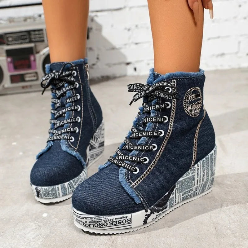 Women's Wedge Sneakers High Top Round Toe Denim-Look Lace-Up Side Zipper Letter Print Detail Casual Platform Ankle Boots 2026