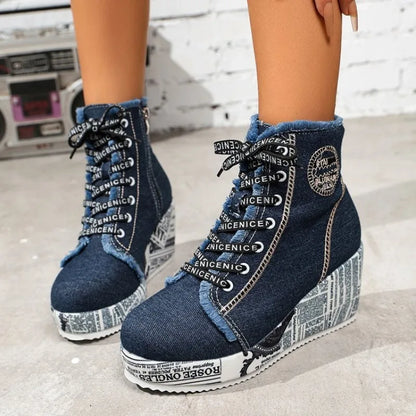 Women's Wedge Sneakers High Top Round Toe Denim-Look Lace-Up Side Zipper Letter Print Detail Casual Platform Ankle Boots 2026