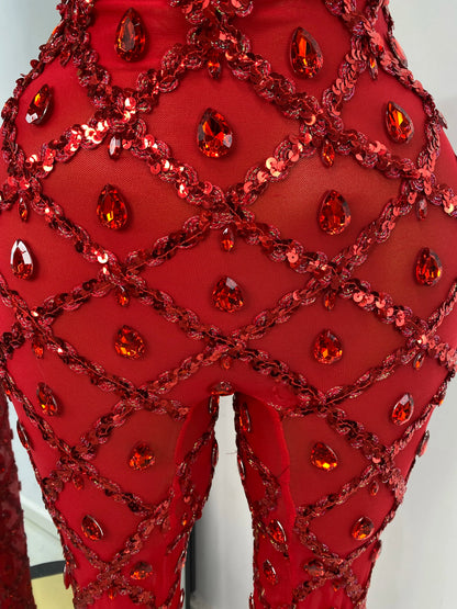 Women Rhinestones Sequines Mesh Bodycon Jumpsuits Sexy Special Occassion Nightclub DJ Dancer Stage Costumes Evening Club Dress