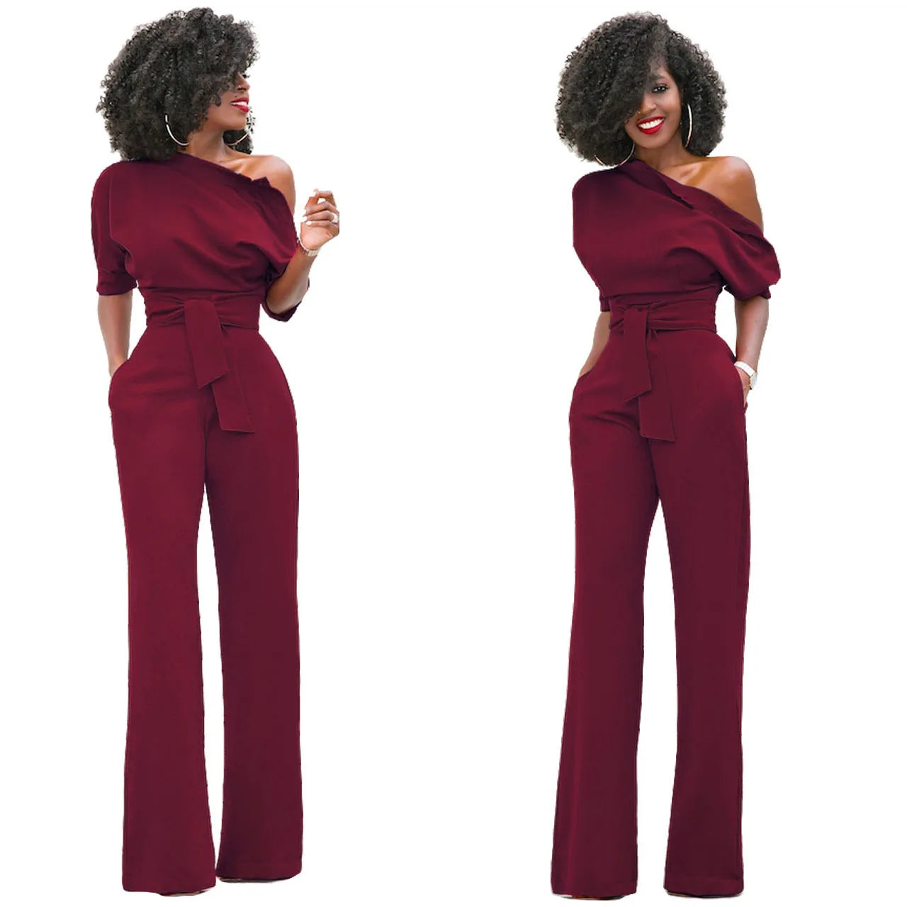 2024 Summer New Fashion Women's Jumpsuit Solid Color Slanted Shoulder Elegant Temperament Sleeveless Long Wide Leg Jumpsuit