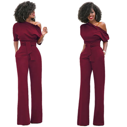 2024 Summer New Fashion Women's Jumpsuit Solid Color Slanted Shoulder Elegant Temperament Sleeveless Long Wide Leg Jumpsuit