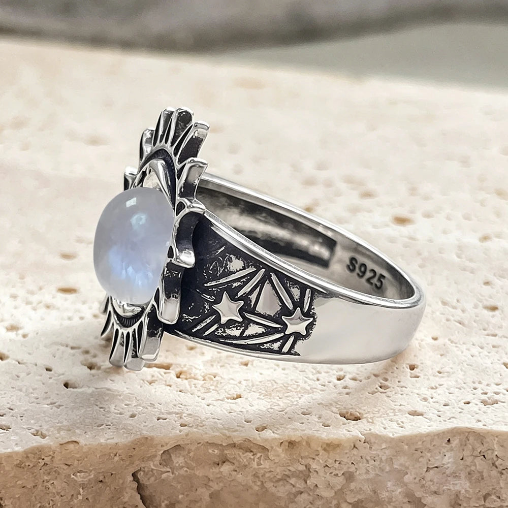 925 Sterling Silver Natural Moonstone Ring 8MM Bohemian Star Sun Moon Shape Ring Gothic Punk Style Party Gift for Women Men