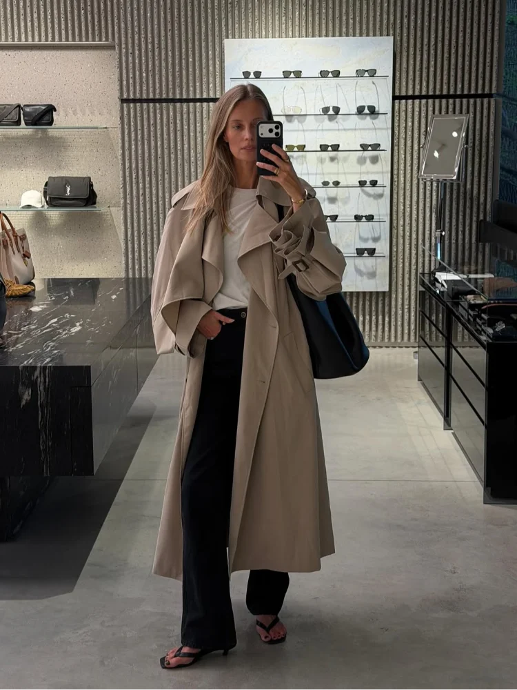 Women Khaki Long Color-block Stripe Trench Coat Wide Lapel Loose Drop Shoulder Blue Lining Slit Windbreaker Commute Outing Coats