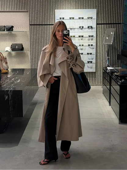 Women Khaki Long Color-block Stripe Trench Coat Wide Lapel Loose Drop Shoulder Blue Lining Slit Windbreaker Commute Outing Coats