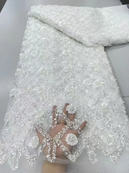 Luxury African Beaded Sequins Pearl Lace French Tulle Fabric 2026 High Quality Nigerian Design for Party Dress Sewing 2026