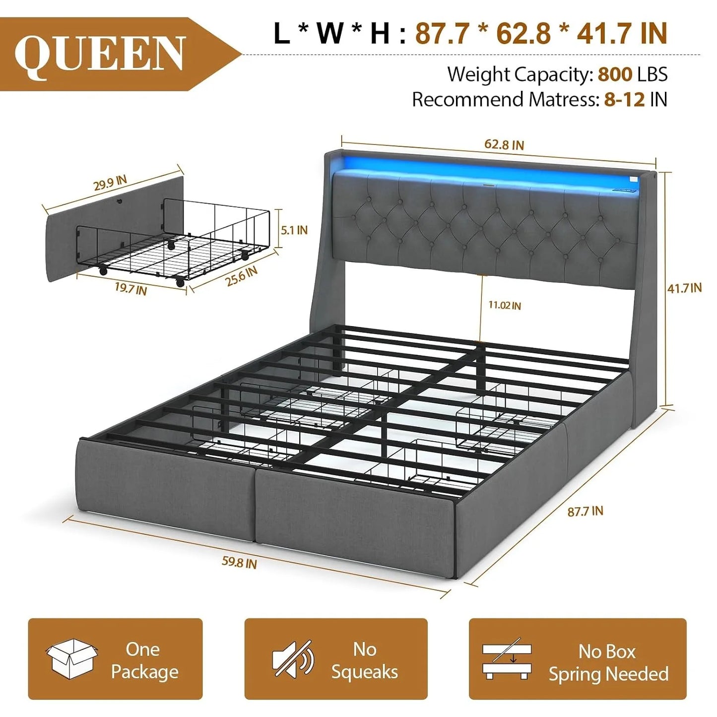 Queen Upholstered Bed Frame 4 Storage Drawers LED Lights USB Charging Headboard, Custom