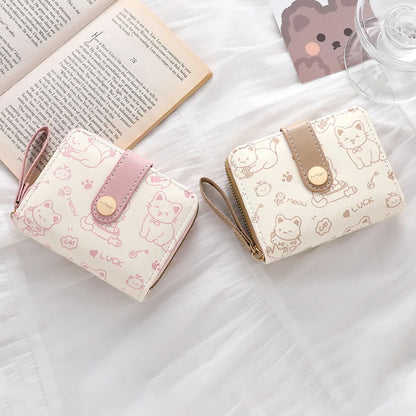 Cute Cat Coin Purse Women Fashion Short Wallet PU Leather Large Capacity Wallet Lightweight ID Card Holder Travel Cash Coin Bag