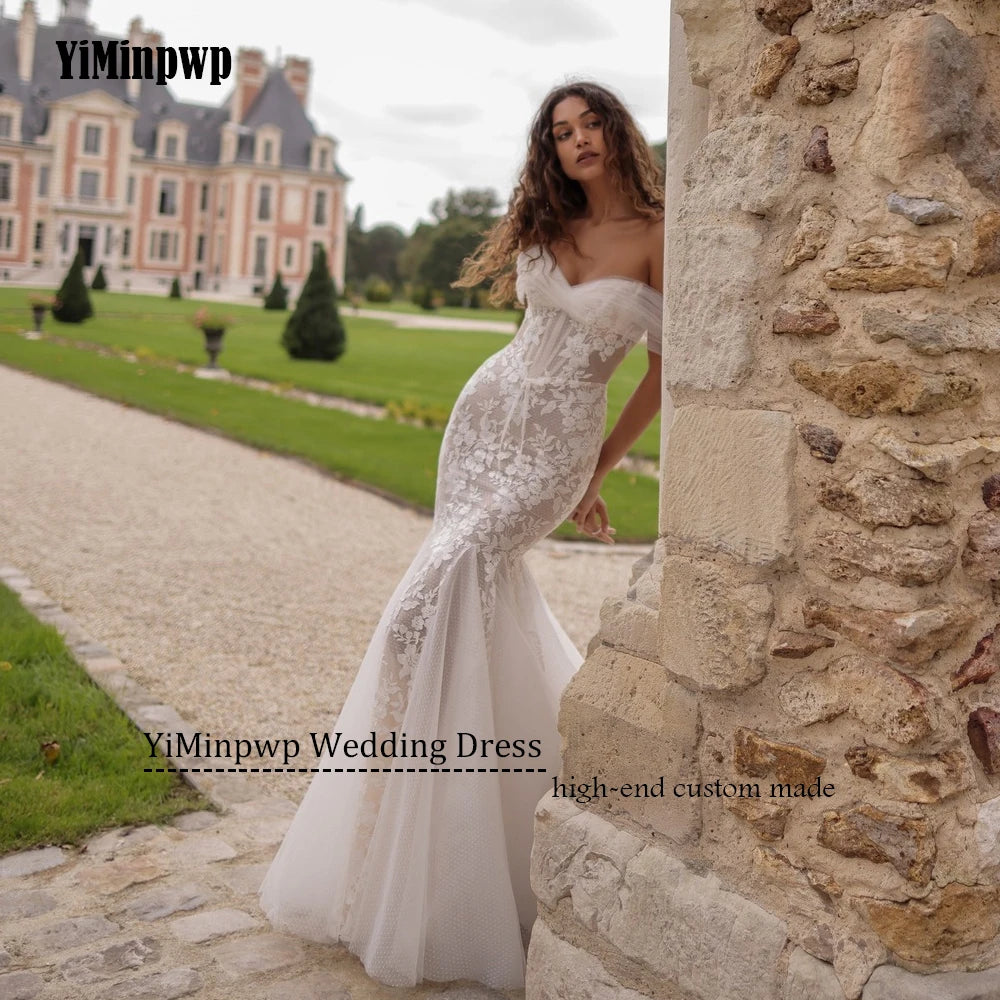 Off Shoulder Mermaid Wedding Dresses for Bride Backless Sweep Train Lace Tulle Summer Garden Beach Bridal Gowns свадебное Custom