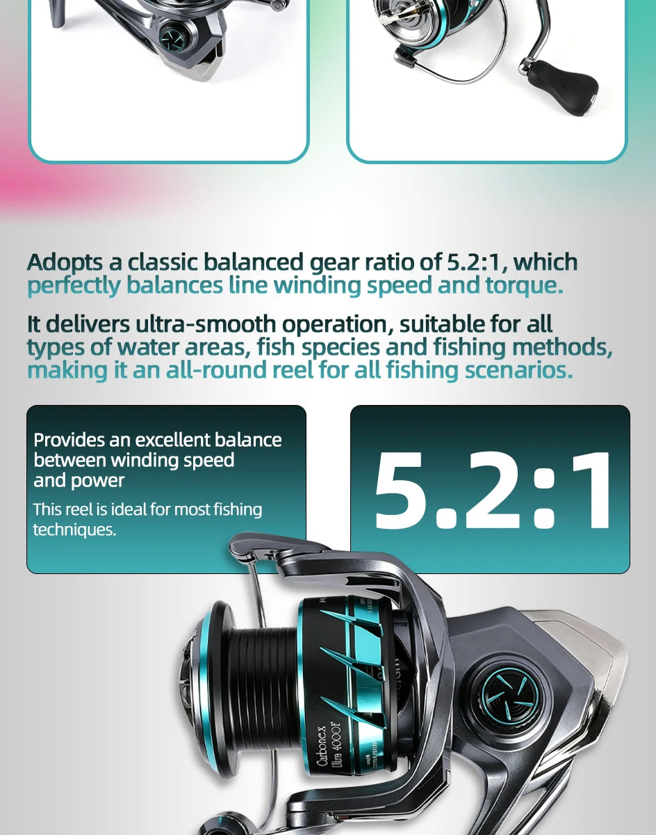 MIFINE CARBONEX ULTRALIGHT SPINNING Fishing Reel 6+1BB,Gear Ratio 5.2:1, 12KG Max Drag 800-4000 Series for Saltwater Freshwater
