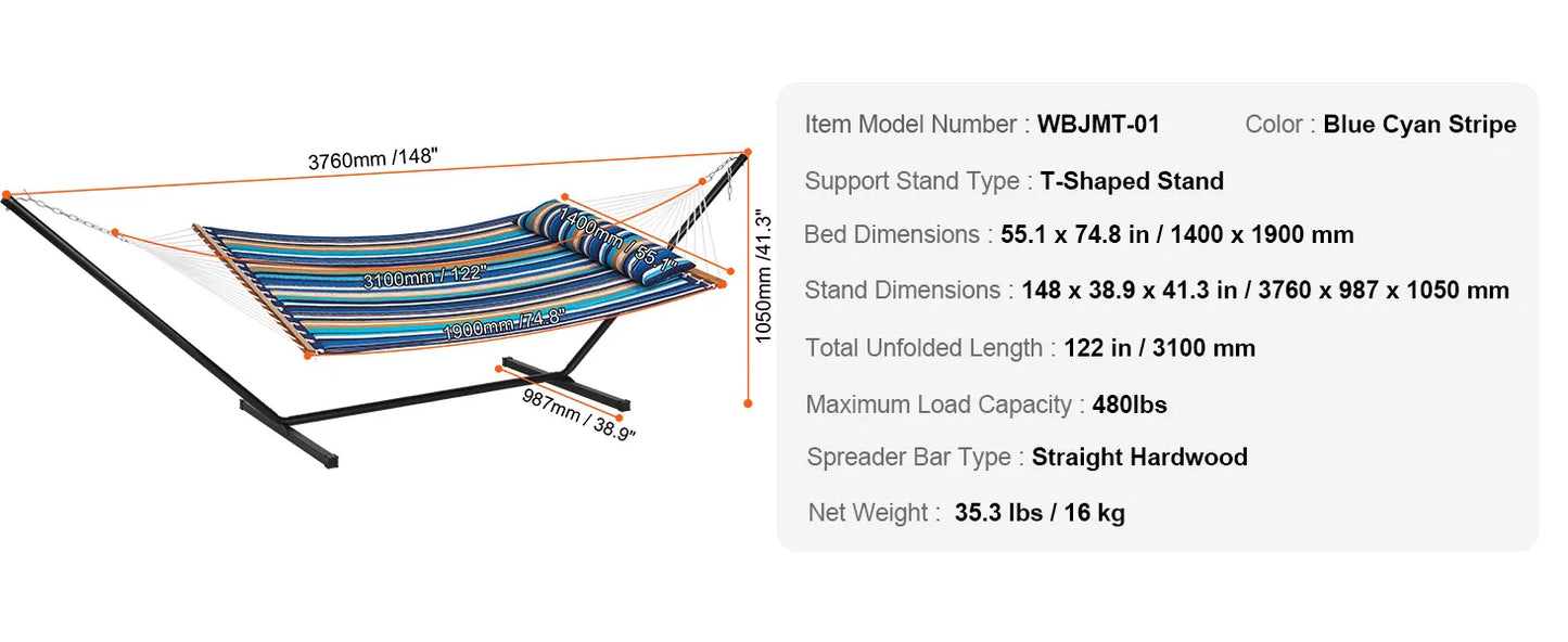SucceBuy Two Person Hammock with Stand Included Double Hammock with Curved Spreader Bar and Detachable Pillow and Portable Bag