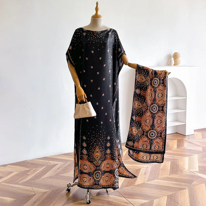 New African Fashion Short Sleeve Colored Pattern Dubai Women Summer Real Silk Soft Printing Loose Tradition Muslim Scraf