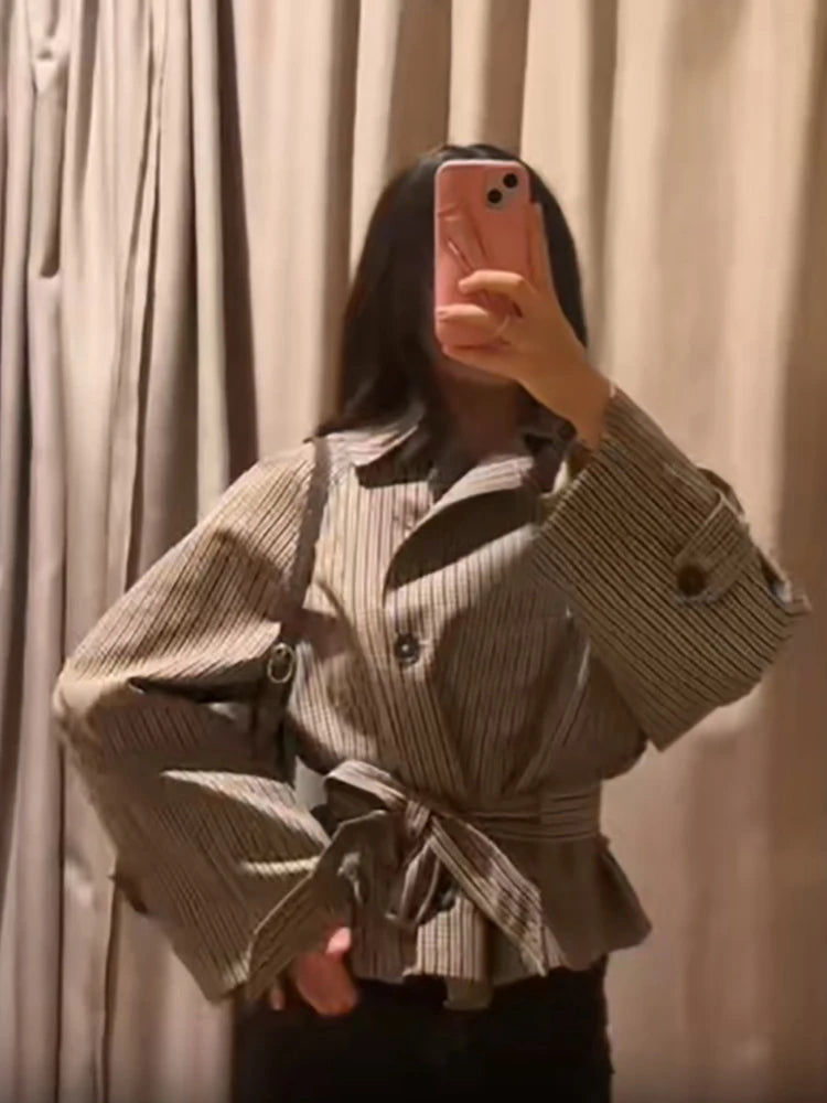 Beige Checkered Cropped Trench Coat Women Stand Collar With Waist Belt Loose Oversized Autumn Daily Wear Outer Jacket
