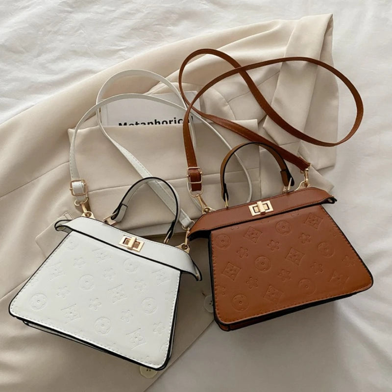 Fashion Embossed Top Handle Bags for Women,Metal Turn Lock Handbag, Adjustable Crossbody Strap,versatile Purse for Daily Outings