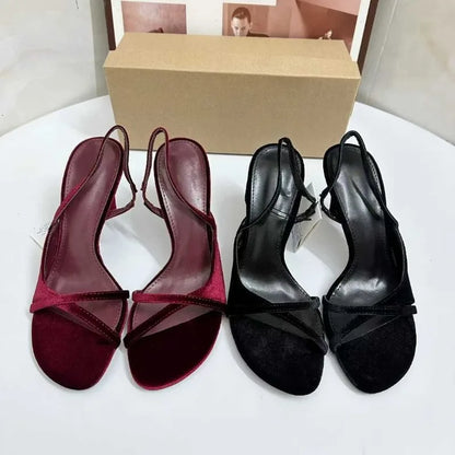 Elegant Velvet High Heels Sandals for Women Cross Strap Design Luxury Open Toe Banquet Wedding Slingback Brand Ladies Shoes