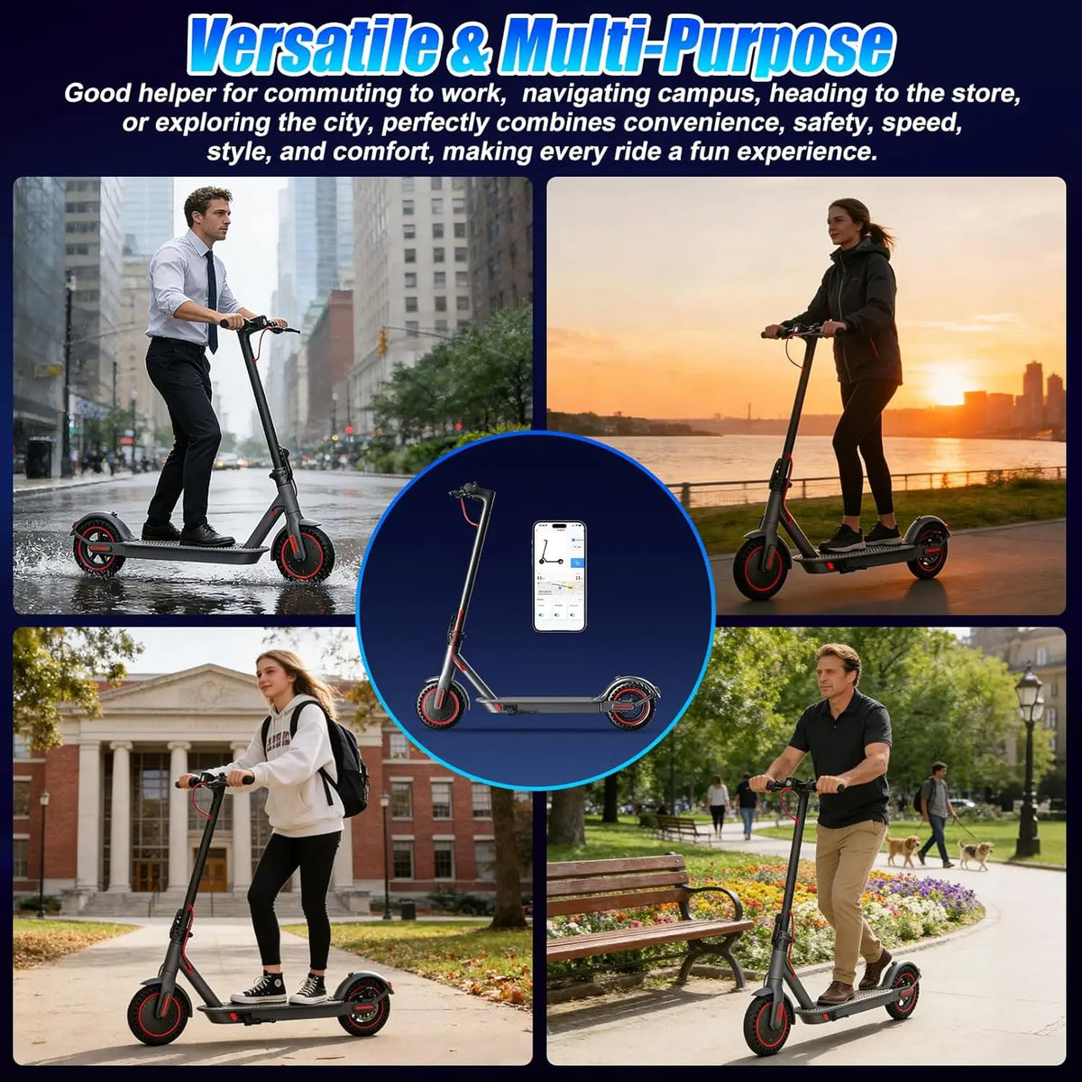 OBX 350W Motor Folding Electric Scooter For Adults 36V 5.2AH Battery Rang 8.5'' Solid Tire 18MPH 15Miles Long Range APP Control