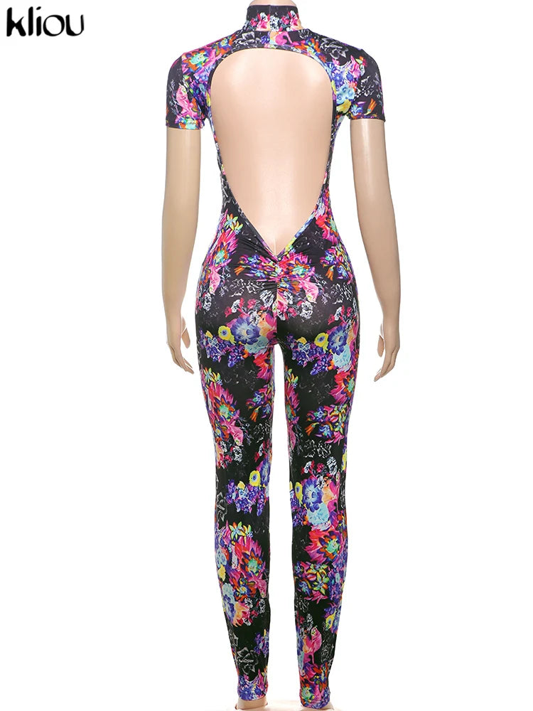 kliou Sexy Printed Women Jumpsuits Fashion New Back Hollow Full Sleeve Stand Collar Slim Overalls Female Midnight Party Clubwear