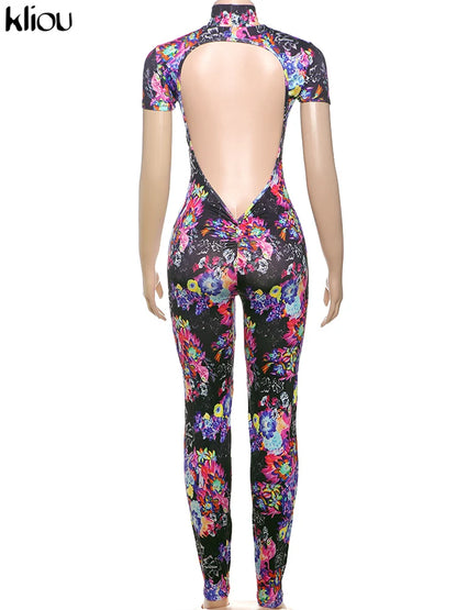 kliou Sexy Printed Women Jumpsuits Fashion New Back Hollow Full Sleeve Stand Collar Slim Overalls Female Midnight Party Clubwear
