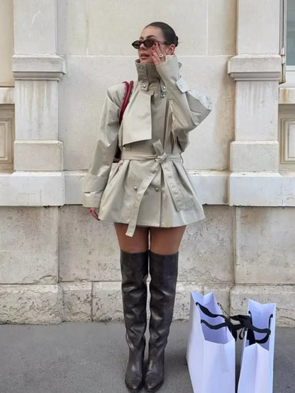 Fashion Stand Collar Short Trench Coat Women Solid Double-breasted Belt Jacket 2026 Autumn Lady Commuting Casual Outwear