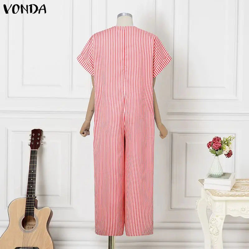 Plus Size VONDA Women Jumpsuits Summer Fashion Short Sleeve Stripe Jumpsuits Wide Leg Pants V Neck OL Party Overalls Playsuits