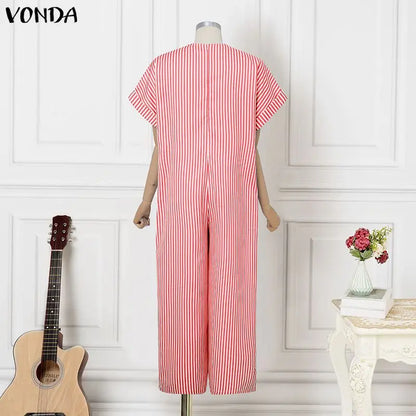 Plus Size VONDA Women Jumpsuits Summer Fashion Short Sleeve Stripe Jumpsuits Wide Leg Pants V Neck OL Party Overalls Playsuits