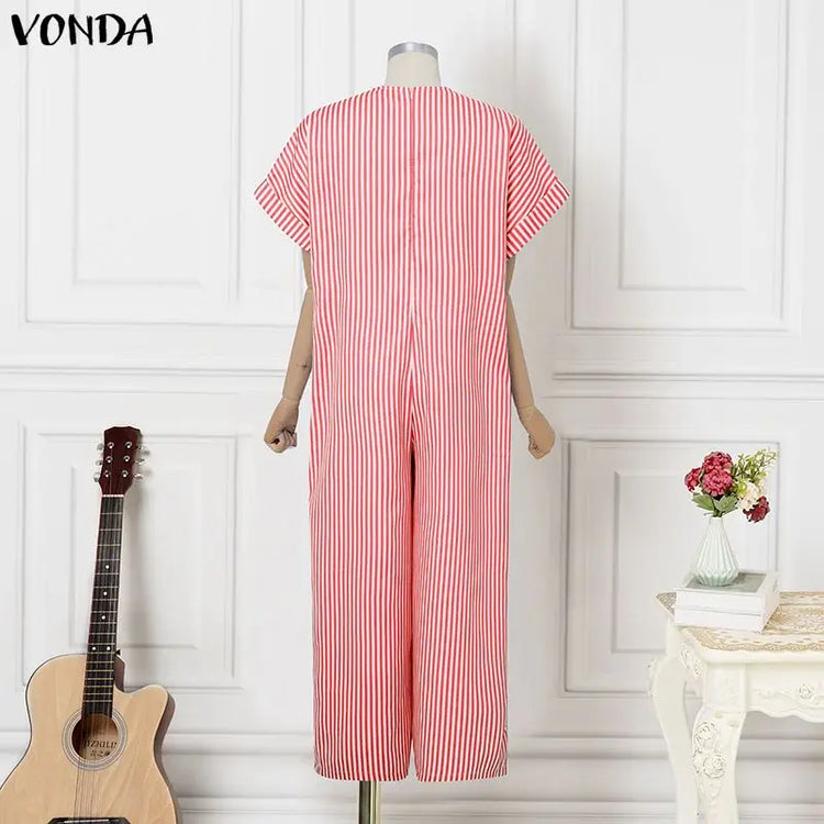 Plus Size VONDA Women Jumpsuits Summer Fashion Short Sleeve Stripe Jumpsuits Wide Leg Pants V Neck OL Party Overalls Playsuits