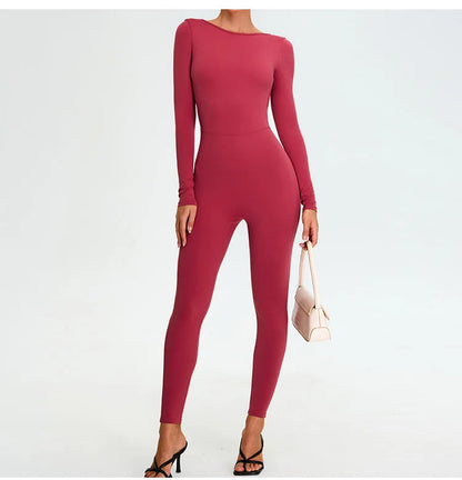 New Summer Sexy V Back Gym Sports Jumpsuit Yoga Clothes Rompers Women Long Sleeveles Workout Bodysuits Backless One-piece Suit