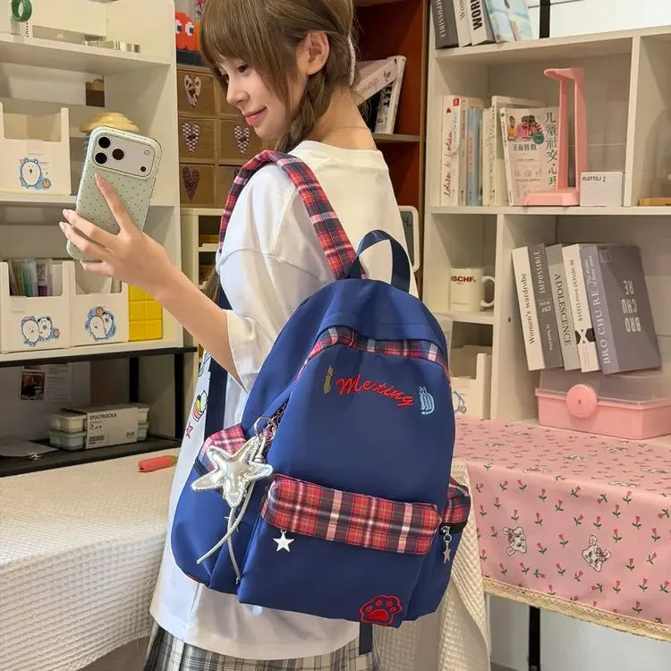Preppy Style Blue Backpack for Girls, Plaid Spliced School Bag, Cute Nylon Daypack Star Pendant, Large Capacity Student Rucksack