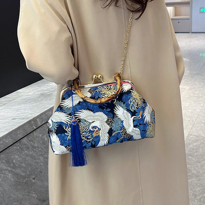Designer Bamboo Handle Handbag Retro Embroidery Women Evening Bag High-end Nylon Crossbody Bag Luxury Lady Shoulder Bags Satchel