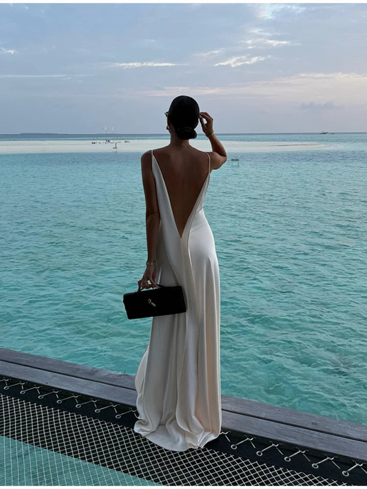 Luxury White Satin Backless Veatido Women Sexy Spaghetti Strap V-neck High Split Midi Dress Vacation Evening Party Beach Outfits