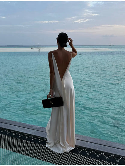 Luxury White Satin Backless Veatido Women Sexy Spaghetti Strap V-neck High Split Midi Dress Vacation Evening Party Beach Outfits