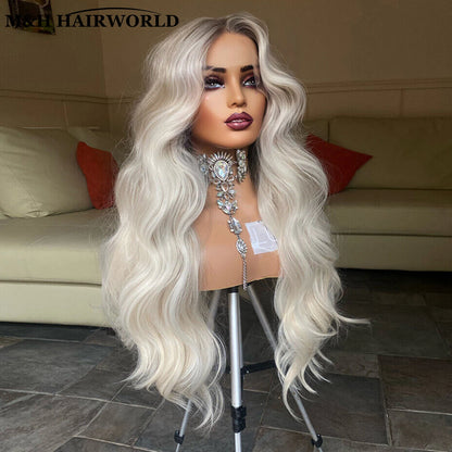 13X3 Glueless Frontal Lace Wigs For Women Long Wavy Synthetic Hair Lace Front Wigs Ombre Platinum Blonde Heat Resistant Hair Wig