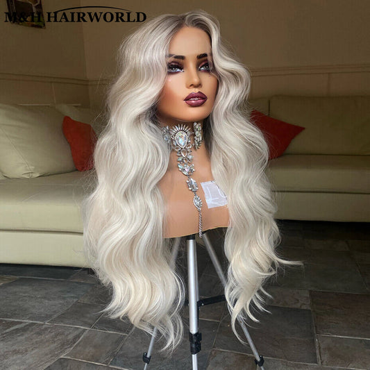 13X3 Glueless Frontal Lace Wigs For Women Long Wavy Synthetic Hair Lace Front Wigs Ombre Platinum Blonde Heat Resistant Hair Wig