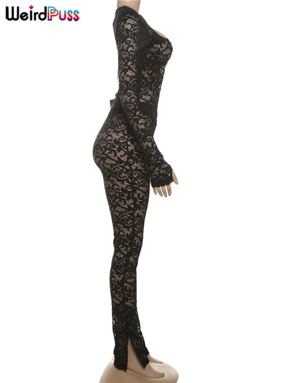 Weird Puss See Through 2 Piece Set Women Sexy  Hollow Jacquard Backless Bodysuit+Leggings Tight Activity Clubwear Skinny Outfits