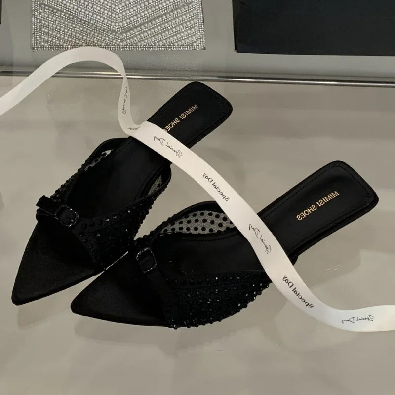 Luxury Rhinestone Mesh Kitten Heel Slippers Women Summer Sexy Pointed Toe Backless Slide Sandals Fashion Brand Designer Shoes