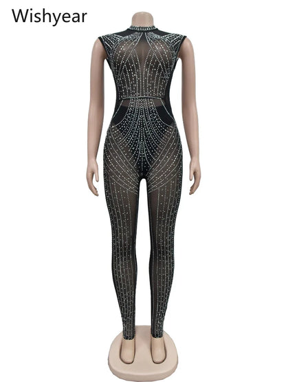 Women One Piece Party Jumpsuit High Neck Sheer Mesh Rhinestone Beading Cap Sleeve Bodycon Long Romper for Cocktail Club Night