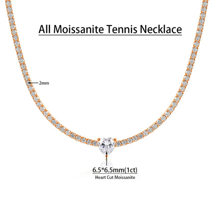 All Moissanite Tennis Necklace for Women Men Sparkling D Color 1ct Heart Cut Pendant Necklace S925 Sterling Silver Chain Jewelry